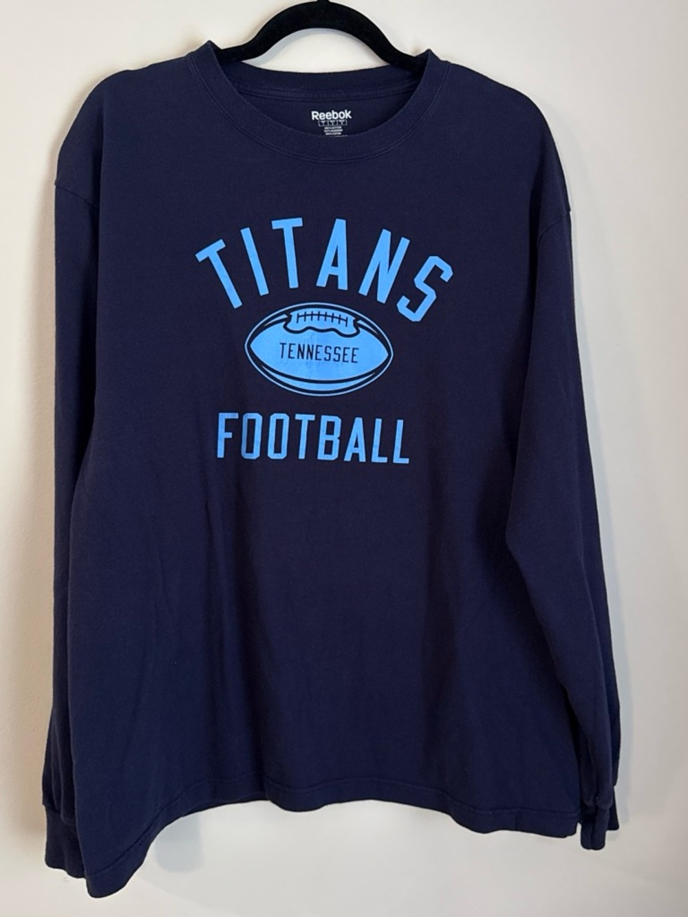 Reebok Navy Long Sleeve Titans Football Tee with Light Blue Print